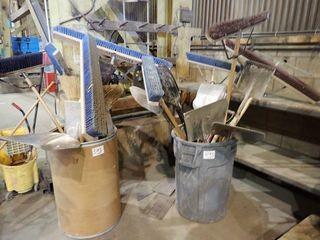 Lot of Brooms, Shovels, Rakes and Post Hole Cleaner. 