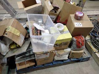 Pallet of Asst. Caution Tape, Duct Tape, Sand Paper, Fasteners, Venture Tape, Sprinkler Heads, etc.