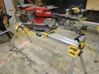 Milwaukee 2734-20 M18 Fuel Cordless Brushless Dual-Bevel Compound Sliding Mitre Saw w/ DeWalt Mitre Saw Stand, Charger and Battery. 
