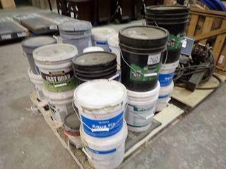 Pallet of Liquid Rubber, Flexible Heavy Duty Waterproof Coating, AquaFix Adhesive, Fast Grab FRP Adhesive, etc.