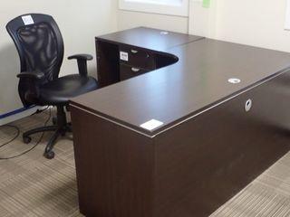 Lot of Double Pedestal Desk, Pedestal, Task Chair and Open Bookcase. **LOCATED IN MODULAR BUILDING, MAIN FLOOR**