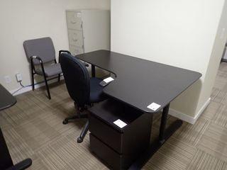 Lot of L-Shaped Desk w/ Pedestal, Task Chair, Side Chair and Vertical 4-Drawer File Cabinet. **LOCATED IN MODULAR BUILDING, MAIN FLOOR**