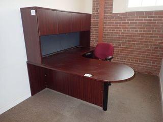 Lot of L-shaped Desk w/ Stack-on, Task Chair and White Board. 