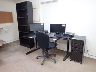 Lot of L-Shaped Work Station, Mobile Pedestal, Open Bookcase and Task Chair. 
