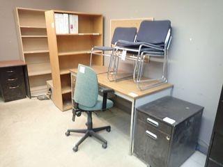 Lot of Single Pedestal Desk, 2 Open Bookcases, Mobile Pedestal, Task Chair and 4 Stacking Chairs. **LOCATED IN SHOP OFFICE**