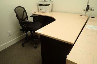 L-Shaped Single Pedestal Desk w/Task Chair, Modified Credenza and Swivel Monitor Desk Mount.