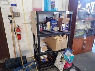 Lot of 2 Shelving Units, Asst. Metal Shelving Parts and Decking, Zip Wall Poly Clips, Antifreeze, Windshield Fluid, etc. 