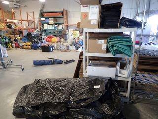 Lot of Plastic Shelving Unit, Asst. Tarps and Garbage Bags. 