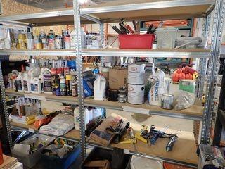 Lot of 2 Sections Metal Shelving w/ Contents including Asst. Painting Supplies, Caulking, Paint Thinner, Finish, Caulking Guns, Drywall Stripper, etc.