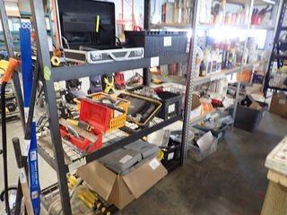 Lot of Metal Shelving Unit w/ Contents including 4 Tools Boxes, Asst. Hand Tools, Sump Pump, Finishing Tools, Commercial Staplers, etc. 
