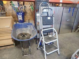 Lot of Wheelbarrow and 4 Step Ladders. 