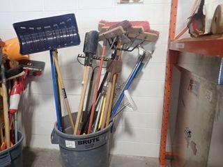 Lot of Asst. Brooms, Shovels, Floor Scrapers, Post Hole Digger, etc. 