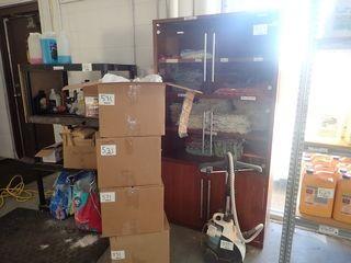 Lot of Storage Cabinet, Shammies, Mop Heads, Conair Steamer, and 4 Boxes Drop Sheets.