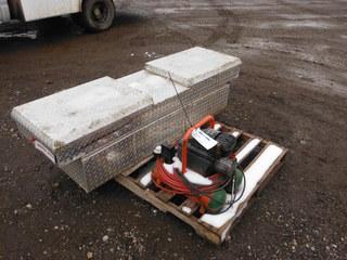Lot of Cross Bed Tool Box, (4) Diesel Jerry Cans & Air Compressor