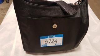 Nine West Crossbody Ladies Handbag - Blk Leather, Cloth Strap, Front Clasp Missing