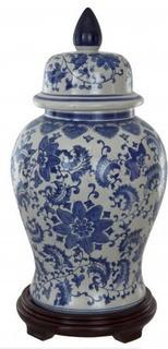 BW-TJAR-BWFL - 18" Floral Blue & White Porcelain Temple Jar