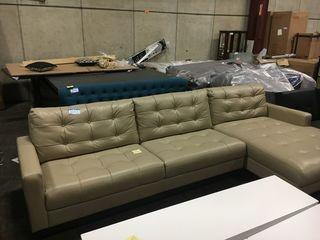 Beige L Shaped Leather Sofa/ Nailhead Chesterfield