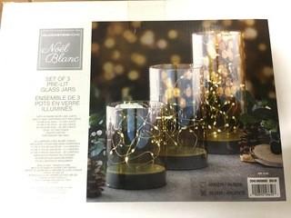 Gluckstein Home-Set of 3 Pre Lit Glass Jars-Silver ( As Is)