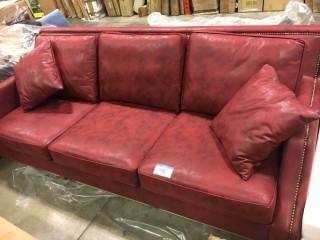 Red Leather Nail Head Sofa - 