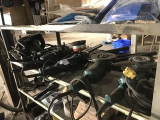 Lot of (5) Asst. Makita Angle Grinders, (1) Black and Decker Circular Saw, Pry Bars, (3) Hammers, etc. **LOCATED IN INNISFAIL**