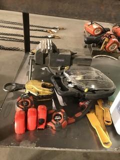 Lot of Asst. Bench Vise, Plate Clamp, Tape Measures, Sand Bags, Space Heater, Chain Hoist, Safety Glasses, etc. **LOCATED IN INNISFAIL**