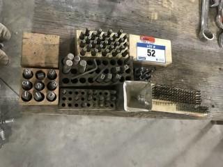 Lot of Asst. Number and Letter Dies and Wire Brushes w/ 50" X 35" Wood-Top Steel Table **LOCATED IN INNISFAIL**