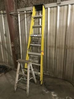 Lot of Asst. 8' Fiberglass Step Ladder, Aluminum Step Stool and Wooden Step Ladder **LOCATED IN INNISFAIL**