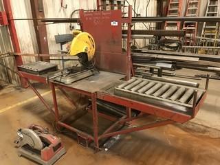 105" Chop-Saw Bench w/ DeWalt D28715 14" CHOP SAW, Infeed-Outfeed Rollers,  Cantilever Racking **LOCATED IN EDMONTON** 