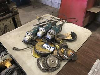 Lot of (3) Makita Angle Grinders and Asst. Discs, Wire Wheels, etc. **LOCATED IN EDMONTON** 