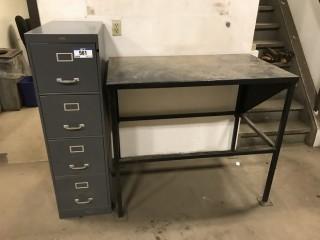 Lot of 4-Drawer Vertical Filing Cabinet and 28" X 4' Steel Shop Table **LOCATED IN EDMONTON** 
