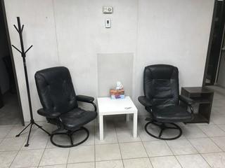 Lot of (2) Leather Chairs, (1) Side Table, (1) Side Shelf, and (1) Metal Coat Rack **LOCATED IN EDMONTON** 