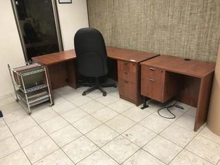 Lot of L-Shaped Desk, (1) Single Pedestal Desk, Roll-Away File Storage Rack, Task Chair **LOCATED IN EDMONTON**  