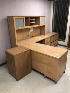 Lot of L-Shaped Desk w/ Overhead Hutch, 2-Drawer Lateral Filing Cabinet, 2-Drawer Wood Filing Cabinet, Book Shelf, etc. **LOCATED IN EDMONTON** 