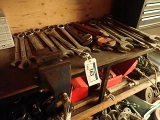 Lot of Asst. Combination Wrenches, (3) Pipe Wrenches, Irwin Record No.3 Bench Vise