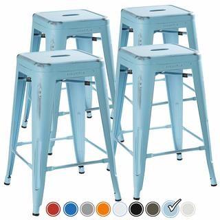 UrbanMod 24 Inch Bar Stools for Kitchen Counter Height, Indoor Outdoor Metal-Powder Blue Distressed-4PC