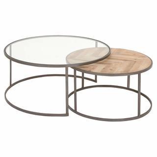 Deco 79 Large Contemporary Metal Glass & Wood Nesting Round Coffee Tables, Set of 2