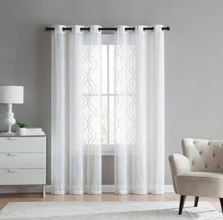 Winston Porter Lapointe Embroidered Trellis Geometric Semi-Sheer Grommet Curtain Panels (WNPR8194_24092324_24092328)-Beige-2 Sets -38x84"Each