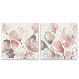 Winston Porter 'Neutral Pink Floral' 2 Piece Watercolor Painting Print Set on Canvas (HADN1026)-Individual Piece 14'' H x 14'' W x 1.25'' D