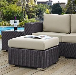 Convene Wicker Outdoor Patio Fabric Square Ottoman in Espresso with White  Cushion