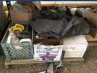 Pallet of Miscellaneous Shop Items Including Grease, Chain Lube, Assorted Hardware