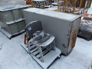 Metal Frame Stacking Chairs and Metal Cabinet 36'' x 18'' x 72''