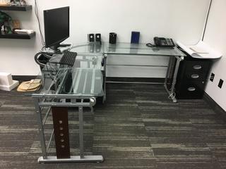 3'x6' Metal Frame, Glass Top, L-Shaped Desk c/w (2) Pedestals