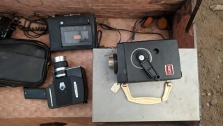 Lot Of Vintage Video Cameras, c/w Antique Travelers Chest, Assorted Crutches