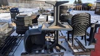 Lot Of (2) 2'x2' Plastic Patio Tables & Stack Of Plastic Patio Chairs