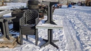 Lot Of (2) 2'x2' Plastic Patio Tables & Stack Of Plastic Patio Chairs