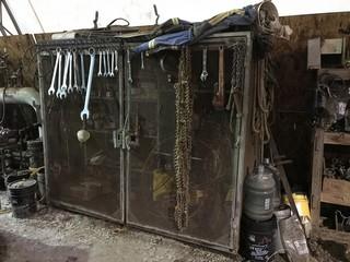 Approx. 4' X8' Tool Cage w/ Contents including, Hand Tools, Pipe Wrenches, Ratchets, Welding Rod, Cutters, C-Clamps, etc.