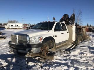 2009 Dodge Ram 5500 Crew Cab Picker Truck w/ Cummins 6.7L Diesel Engine, 6Spd Manual Trans, c/w AR Williams 8' x 6' Service Deck w/ Tools Compartments, 2009 Hiab 077CLX Picker s/n C4-L077-002760, 307,559Kms Showing, Missing Wheel, ***NOT RUNNING***  ***MUST BE REMOVED BY FRIDAY @ 12PM***