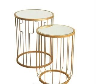 HomePop Gold Mirrored Top Nesting Table Set-Metal Accent Tabele-Gold Base Glass Top