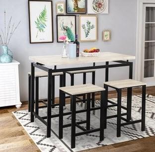 Harper&Bright Designs 5 Piece Dining Set Wood and Metal Pub Table with 4 Bar Stools, Beige