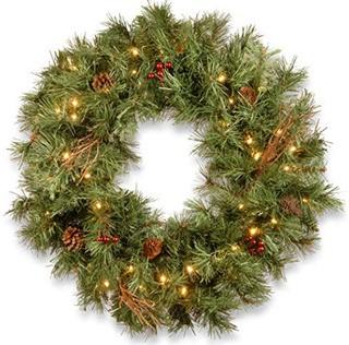 National Tree 30 Inch Glistening Pine Wreath with Cones, Red Berries, Twigs and 50 Battery Operated Warm White LED Lights with Timer (GN19-300-30W-B)